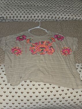 Free People Beige Striped Tee with Neon Pink & Orange Embroidery